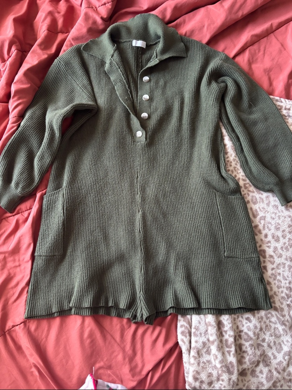 Olive Green Long Knit Button Polo Sweater romper
